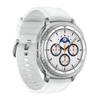 Samsung Galaxy Watch8 Classic White displaying music controls while connected to wireless earbuds.