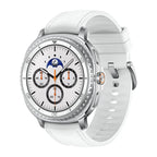 Galaxy Watch8 Classic 46mm White comparison shot next to smaller watch to show case size difference.​

