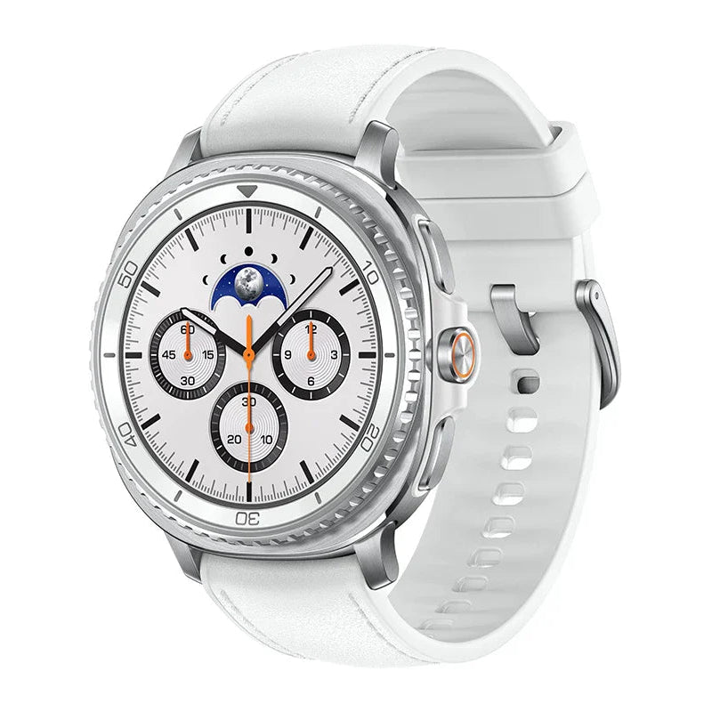 Galaxy Watch8 Classic 46mm White comparison shot next to smaller watch to show case size difference.​

