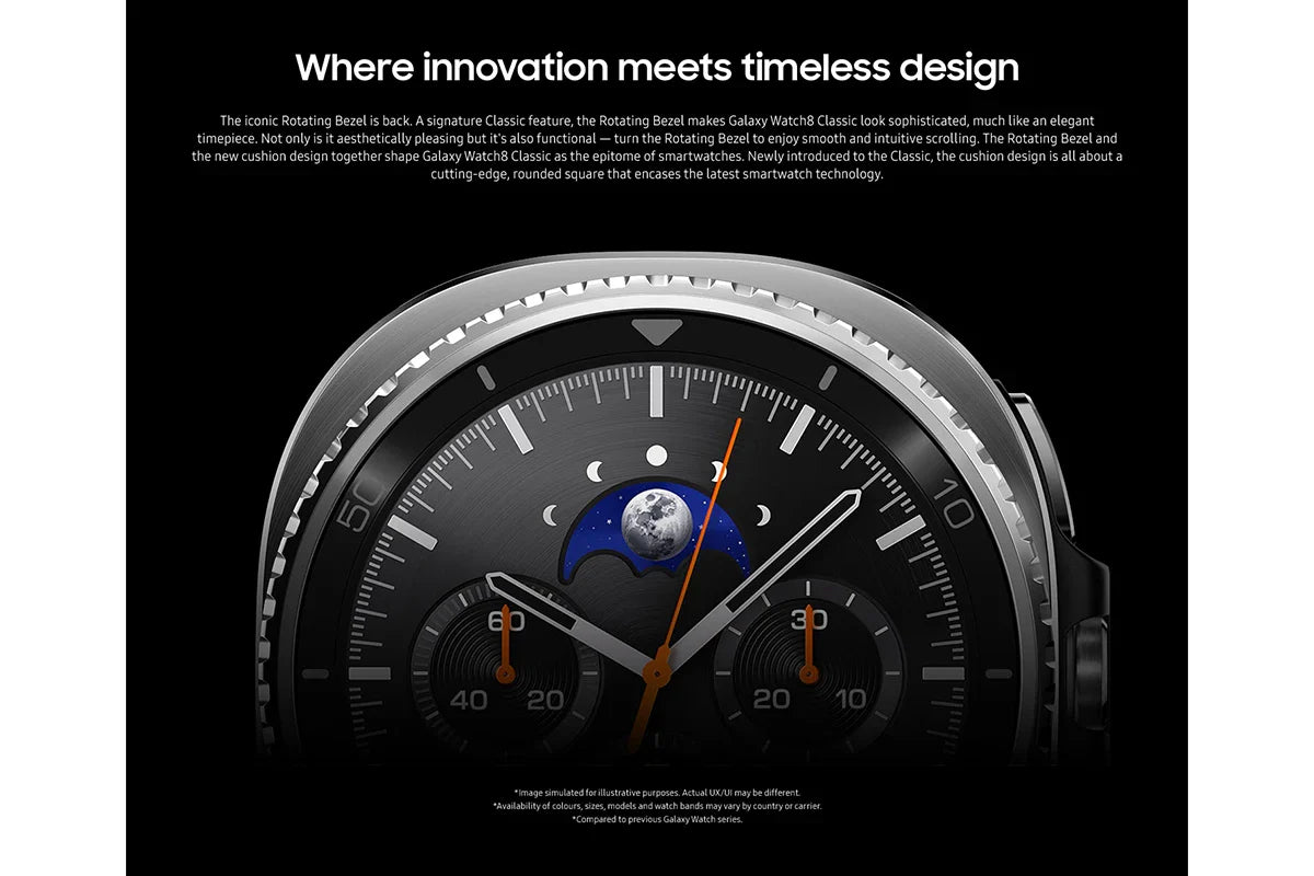 Galaxy Watch8 Classic 46mm White flat on table with multiple watch faces visible in selection carousel.