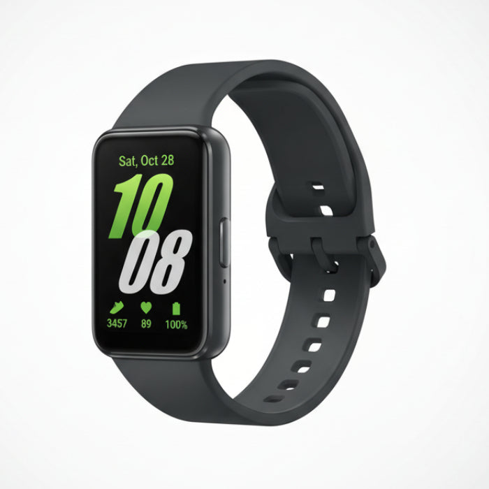 Galaxy Fit3 band showing music control interface for play and pause buttons

