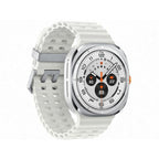 Galaxy Watch Ultra Titanium White emergency siren screen visible, emphasising safety features for outdoor use.