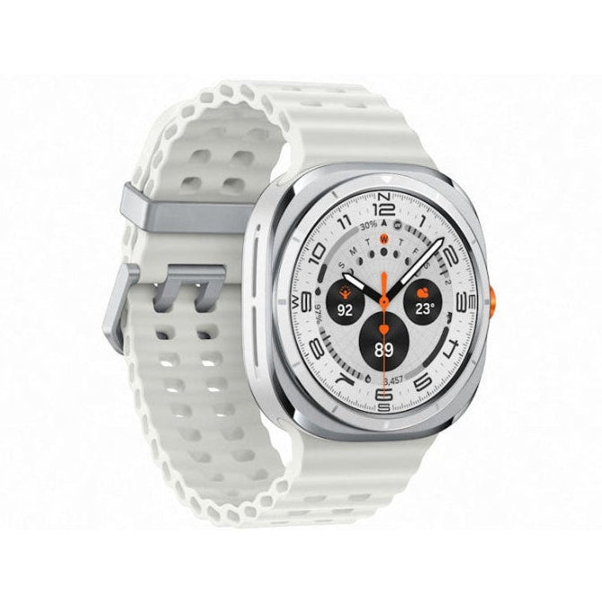 Galaxy Watch Ultra Titanium White emergency siren screen visible, emphasising safety features for outdoor use.