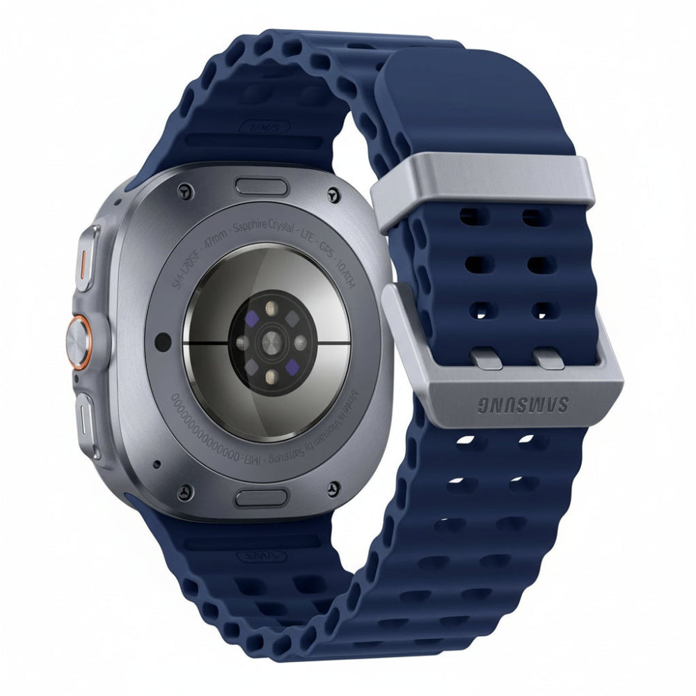 Product shot of Galaxy Watch Ultra 47mm Titanium Blue against a dark gradient background with water droplets.