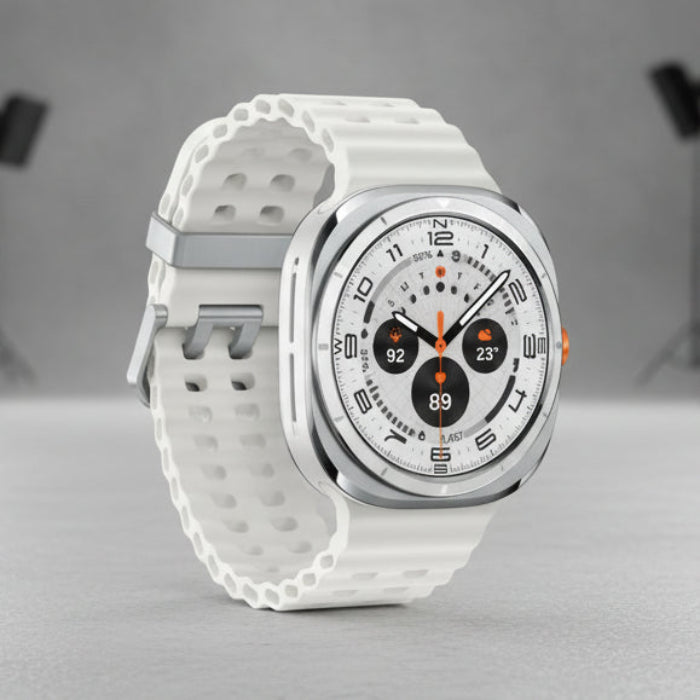 Galaxy Watch Ultra 47mm Titanium White with orange accent band resting on a coiled climbing rope.