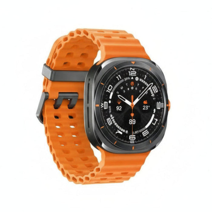 Side‑on image of Galaxy Watch Ultra 47mm strapped over a ski jacket, showing large crown and lugs.