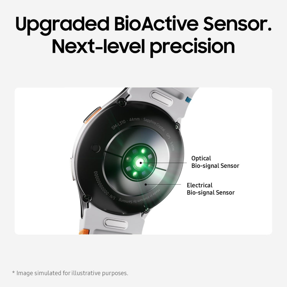 Close‑up of Galaxy Watch7 44mm Silver BioActive sensor array on the back glass with green and red LEDs illuminated.