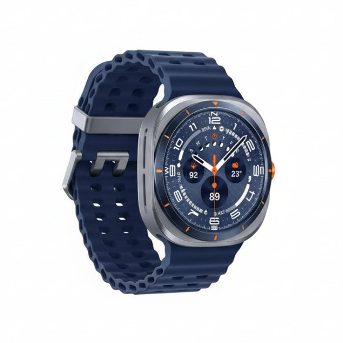 Samsung Watch Ultra 47mm Titanium Grey placed next to a compass and topo map on a wooden table.