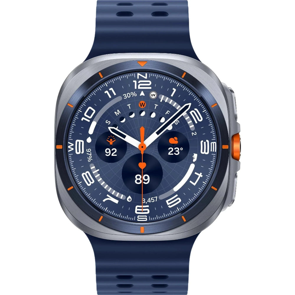 Galaxy Watch Ultra 47mm Titanium Silver in gym setting tracking strength workout reps and sets.