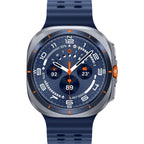 Galaxy Watch Ultra 47mm Titanium Silver in gym setting tracking strength workout reps and sets.