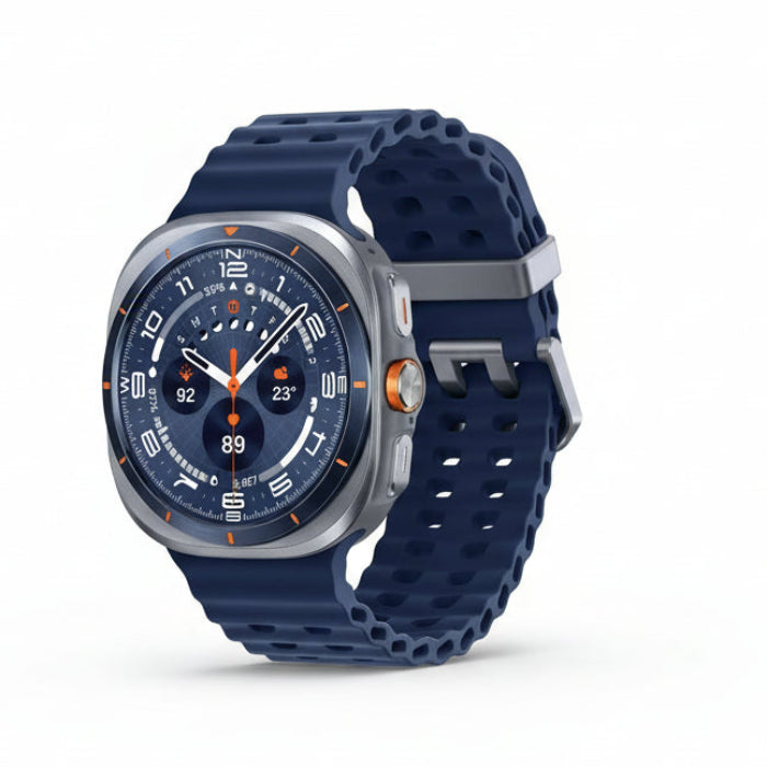 Macro shot of titanium case texture and engraved markings on Galaxy Watch Ultra 47mm.