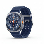 Macro shot of titanium case texture and engraved markings on Galaxy Watch Ultra 47mm.