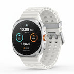Front view of Samsung Watch Ultra 47mm LTE in Titanium Blue showing 1.47‑inch AMOLED display with triathlon watch face.