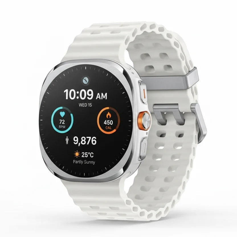 Front view of Samsung Watch Ultra 47mm LTE in Titanium Blue showing 1.47‑inch AMOLED display with triathlon watch face.