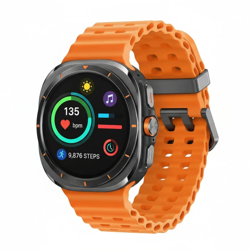 Galaxy Watch Ultra 47mm on a cyclist’s wrist showing multisport screen with triathlon time, distance and calories.
