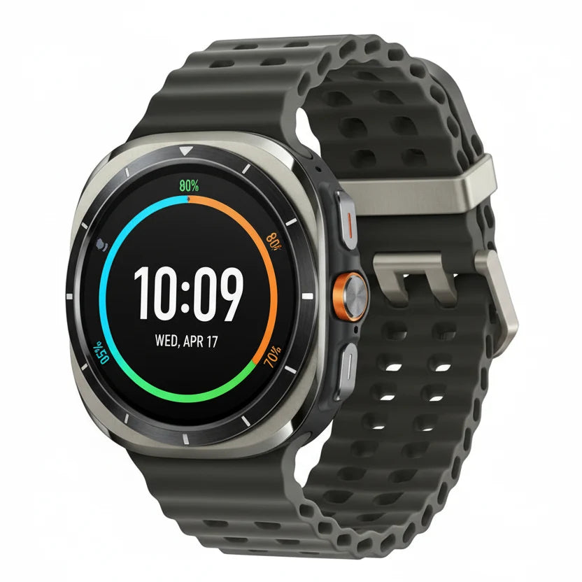 Product lay‑flat of Galaxy Watch Ultra 47mm Titanium Blue with marine band, wireless charger and quick start guide.​

