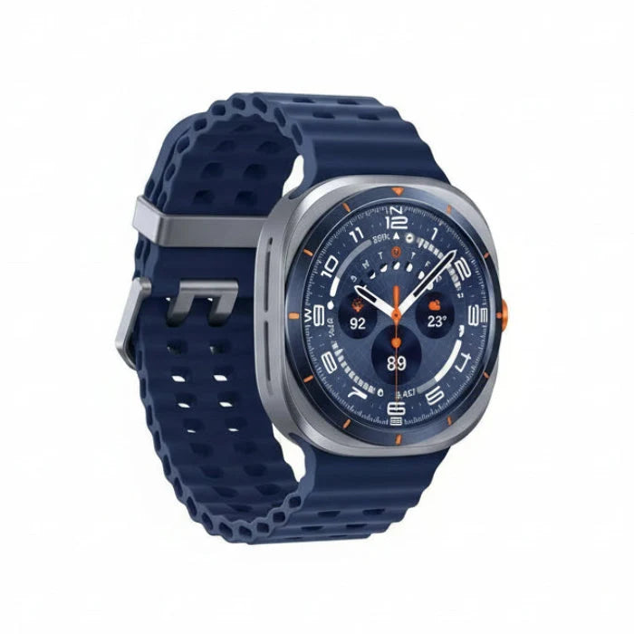 Samsung Watch Ultra 47mm on a wrist during a trail run, displaying dual‑frequency GPS route and pace data.