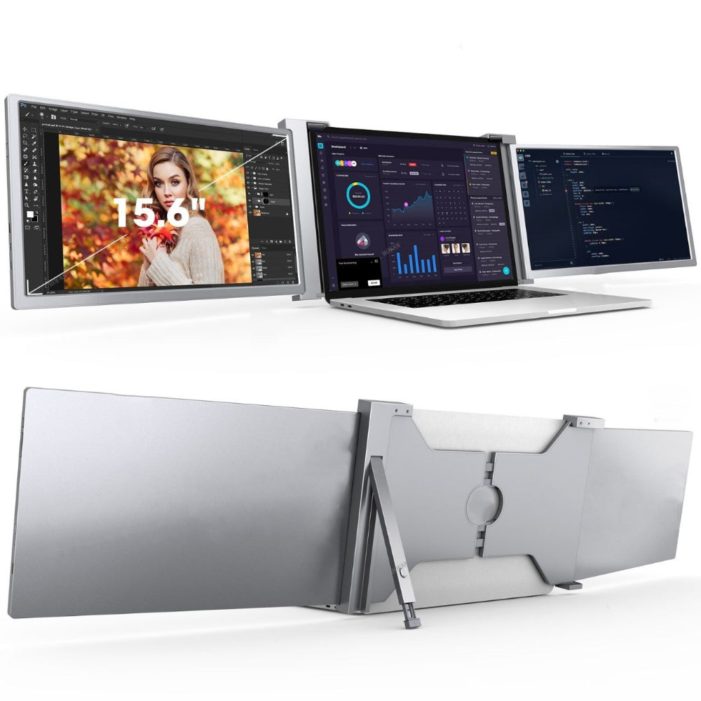 Side view of 15.6 inch trifold monitor with both IPS FHD panels folded out from the central housing.