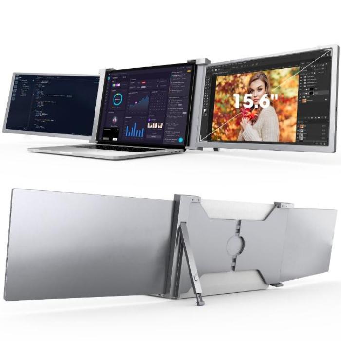 Close‑up of the Space Grey exterior and subtle branding on the back of the 15.6 inch Dual Portable Trifold Monitor.