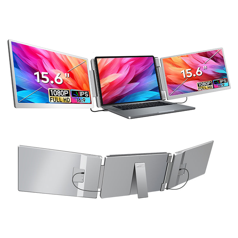 Trion 15.6-inch 360° trifold portable monitor attached to a laptop showing triple‑screen workspace with documents and browser windows.