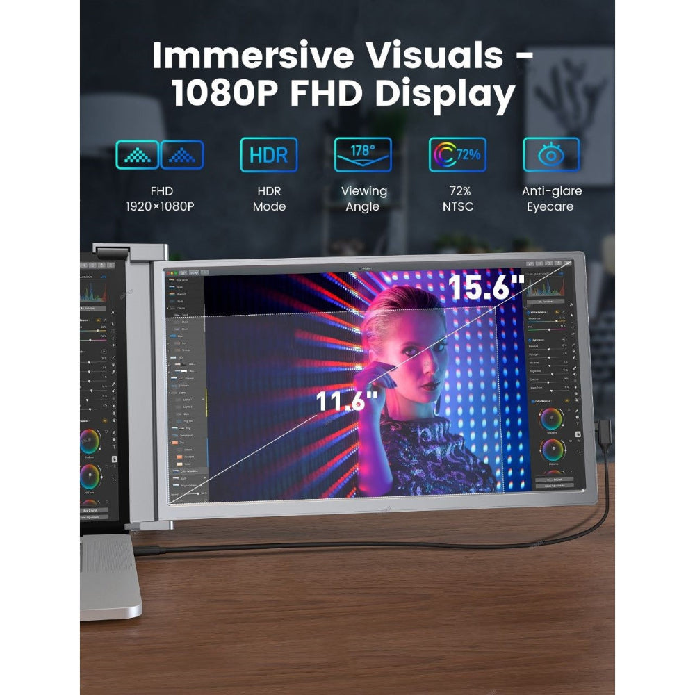 Backpack interior shot with 15.6 inch trifold monitor folded and stored next to a 15.6‑inch laptop.