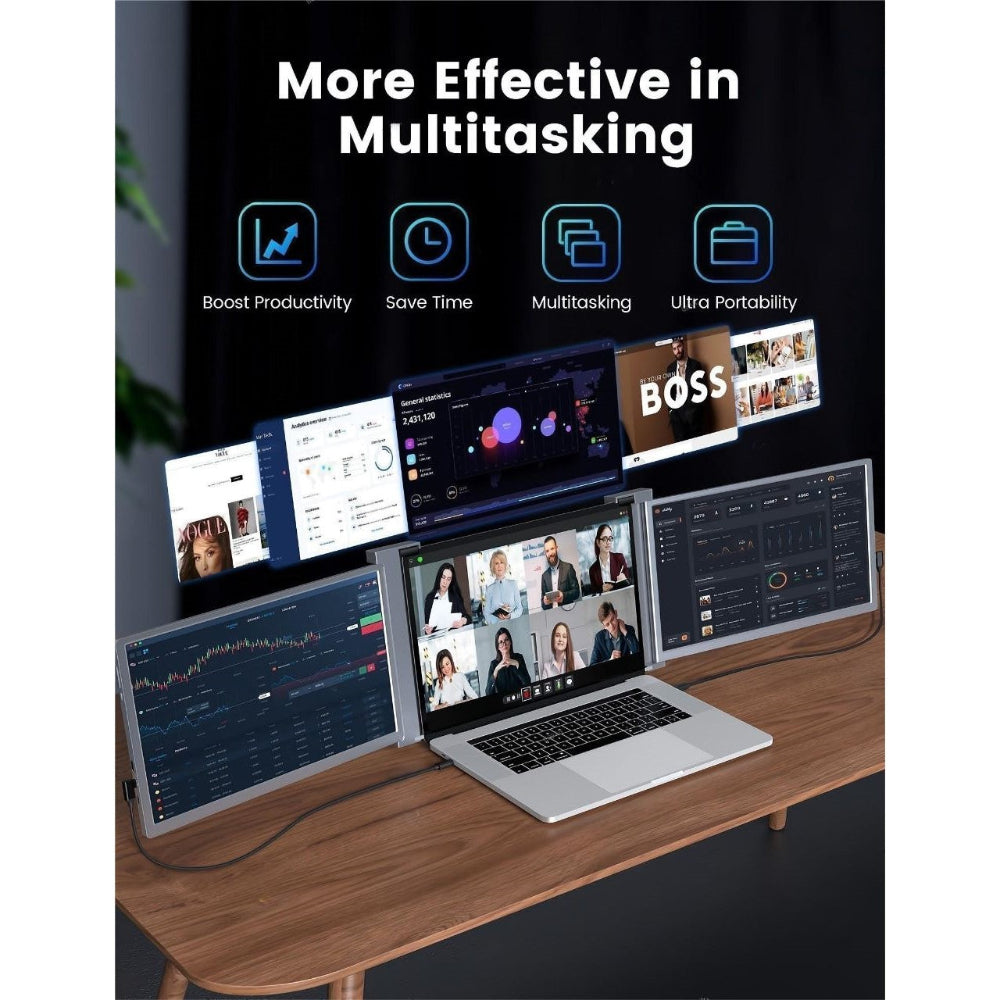Close‑up of on‑screen display menu on 15.6 inch trifold monitor adjusting brightness and colour settings.