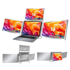 Product render of Trion 16" FHD Quad Screen against a gradient background highlighting “One‑Cable Triple Display” text.