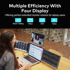 Trion 16" FHD monitor showing video editing timeline, preview window and media bin across the triple‑display layout.