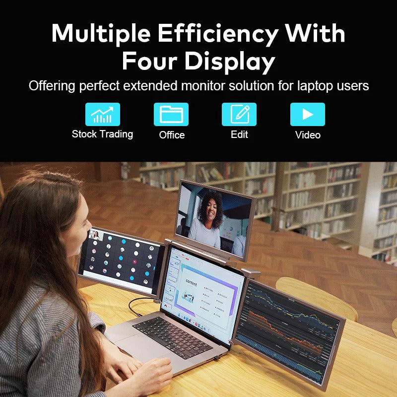 Trion 16" FHD monitor showing video editing timeline, preview window and media bin across the triple‑display layout.