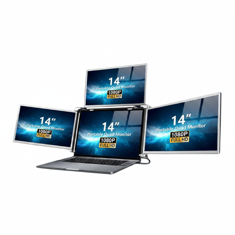 Trion 14" FHD Portable Quad Monitor mounted on a laptop showing triple‑display workspace with documents across all three screens.