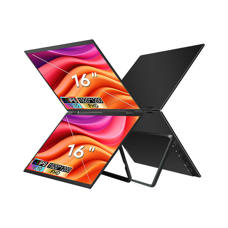 Trion 16‑inch Full HD dual monitor showing video editing timeline on one screen and preview window on the other.