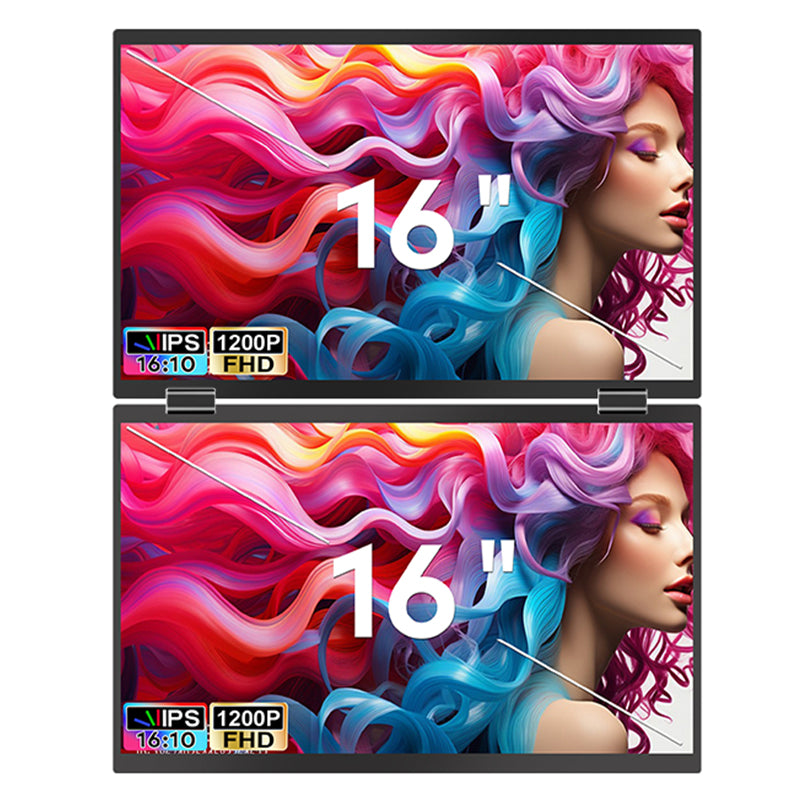 Folded Trion 16‑inch dual monitor being slipped into a backpack compartment beside a laptop.