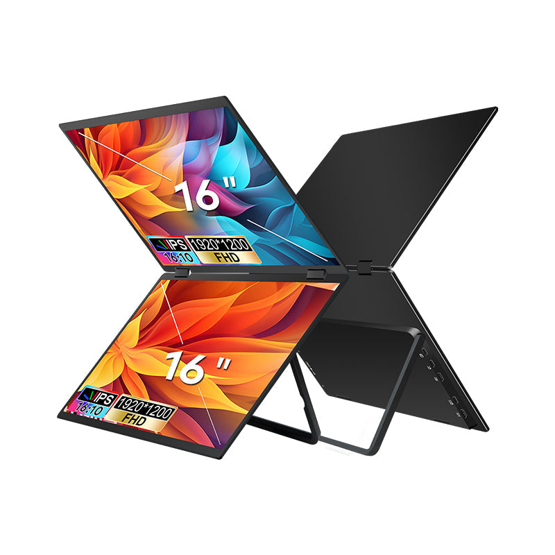 Trion 16‑inch foldable monitor on office desk with productivity apps spread across both Full HD screens.
