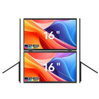 Close‑up of the integrated stand on the Trion 16‑inch dual monitor adjusting viewing angle.