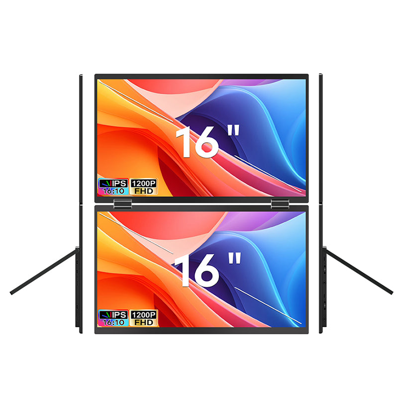 Close‑up of the integrated stand on the Trion 16‑inch dual monitor adjusting viewing angle.