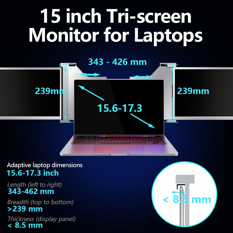 Rear view of 15.4 inch Trifold monitor showing adjustable support arm and cable connections.