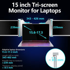 Rear view of 15.4 inch Trifold monitor showing adjustable support arm and cable connections.