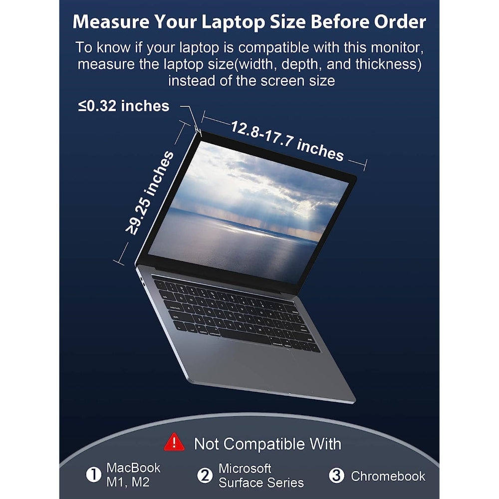 15.4 inch Trifold Portable Monitor mounted on a gaming laptop with game on centre screen and chat/apps on sides.