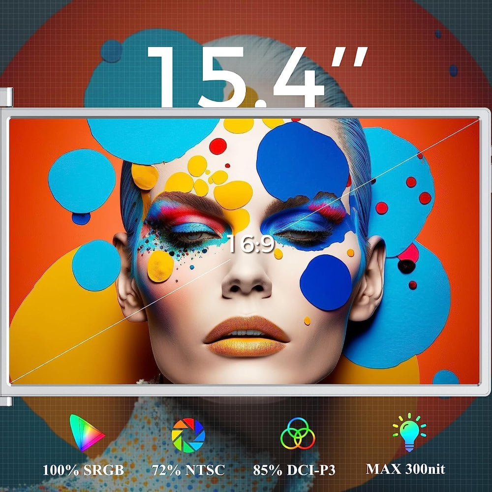 15.4 inch Trifold Portable Monitor positioned behind a 17.3‑inch laptop demonstrating maximum supported size.