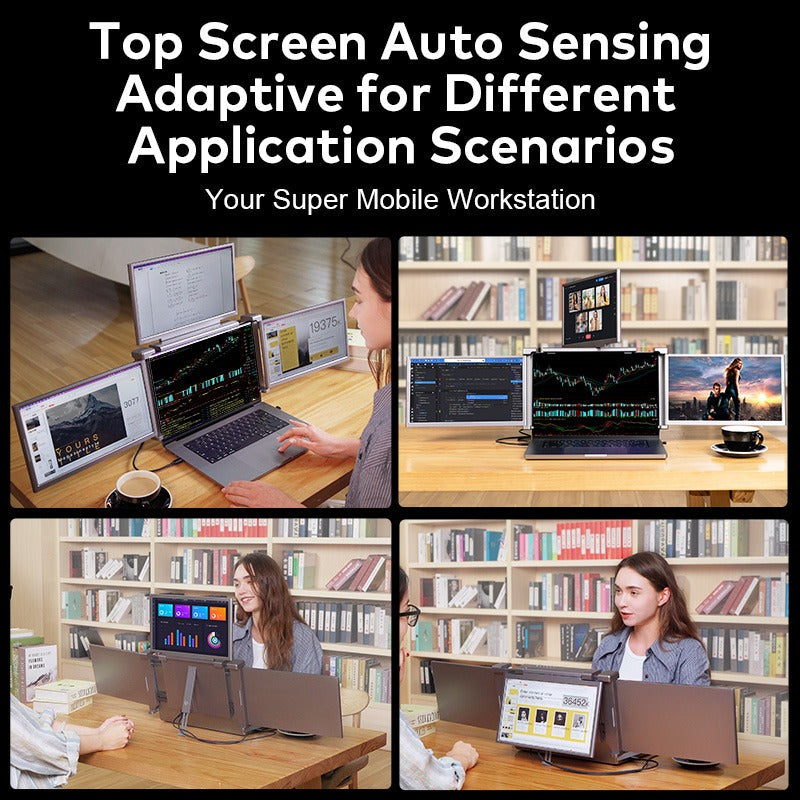 Side‑by‑side comparison image of laptop alone versus laptop with Trion 14" triple‑display extender attached.