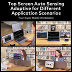 Side‑by‑side comparison image of laptop alone versus laptop with Trion 14" triple‑display extender attached.
