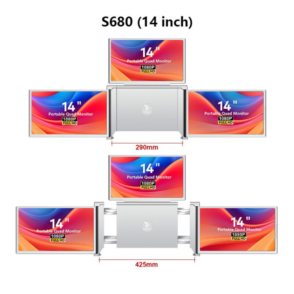 Backpack interior shot with Trion 14" quad monitor folded and stored next to a laptop and charger.