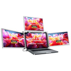 Trion 14" FHD quad monitor showing code editor on left, documentation in centre and terminal on right screen.