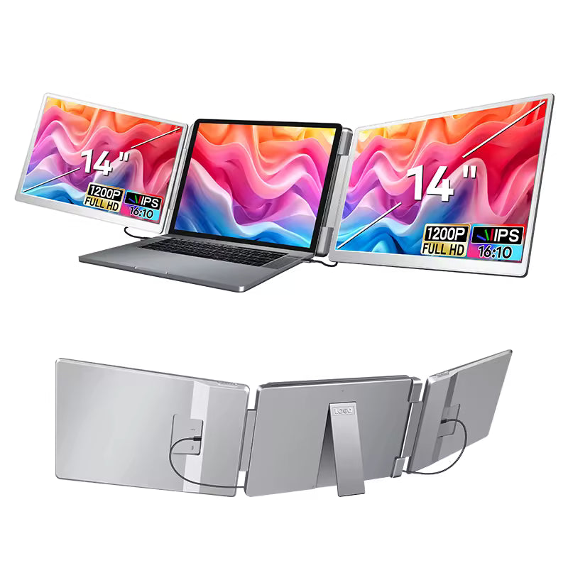 Lifestyle image of a user working in a café with the Trion 14-inch trifold monitor attached to a laptop, showing three screens with different applications.