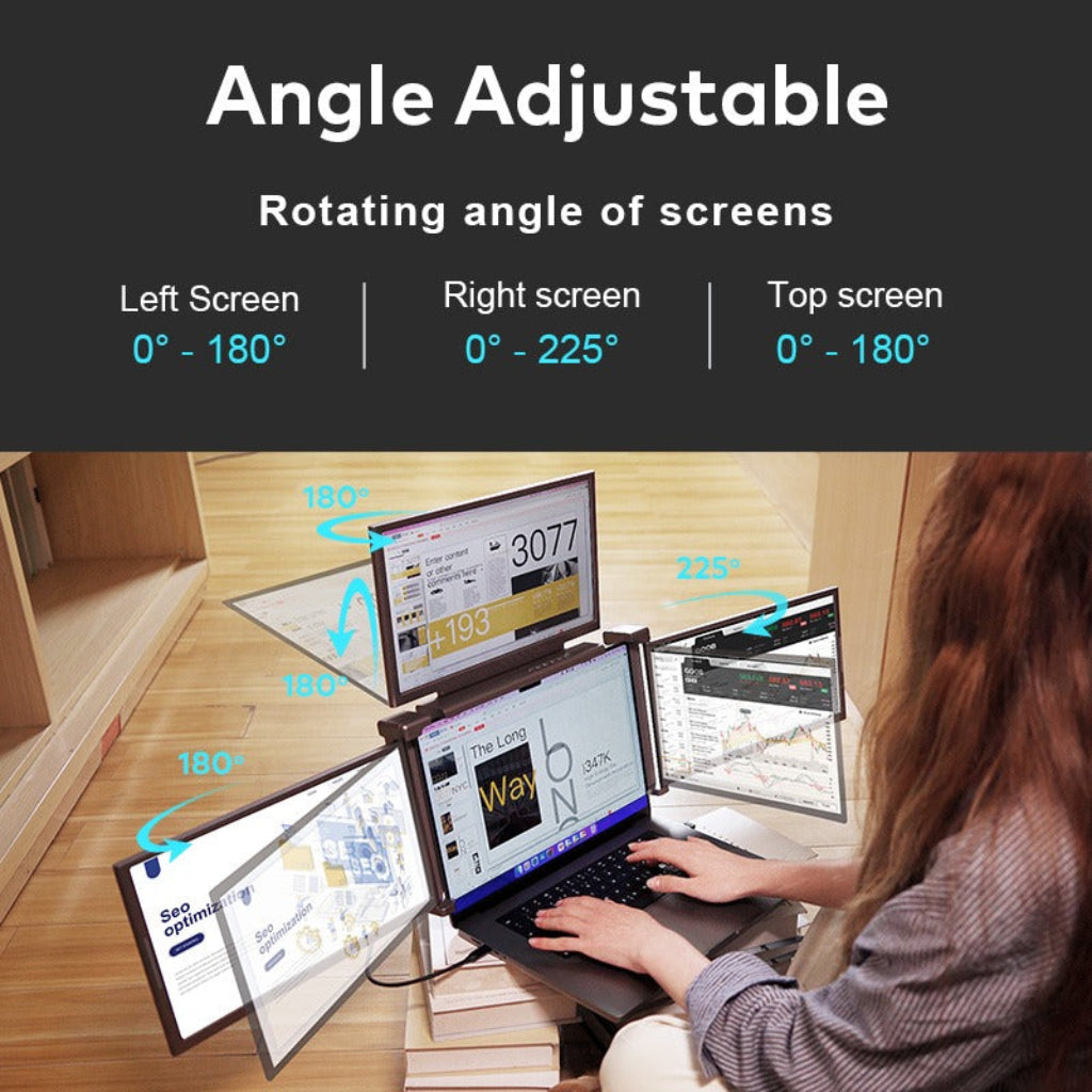 Rear view of Trion 14" FHD Portable Quad Monitor showing central clamp and integrated support arm.