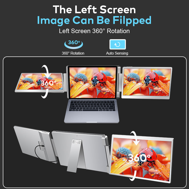 Trion 14-inch 360° trifold portable monitor packaging box shown alongside the grey unit, displaying product name and key features.