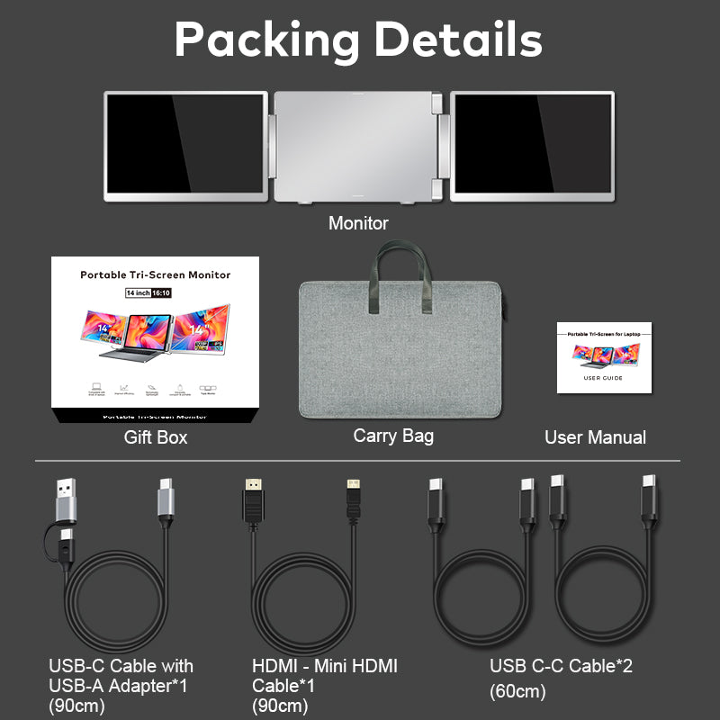 Trion 14-inch 360° trifold portable monitor with one side screen folded in and one extended, illustrating flexible multi-angle configurations.