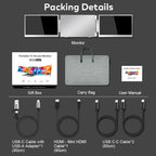Top‑down shot of Trion 15.6-inch 360° trifold monitor, stepless stand, cables and carry bag laid out on a desk.