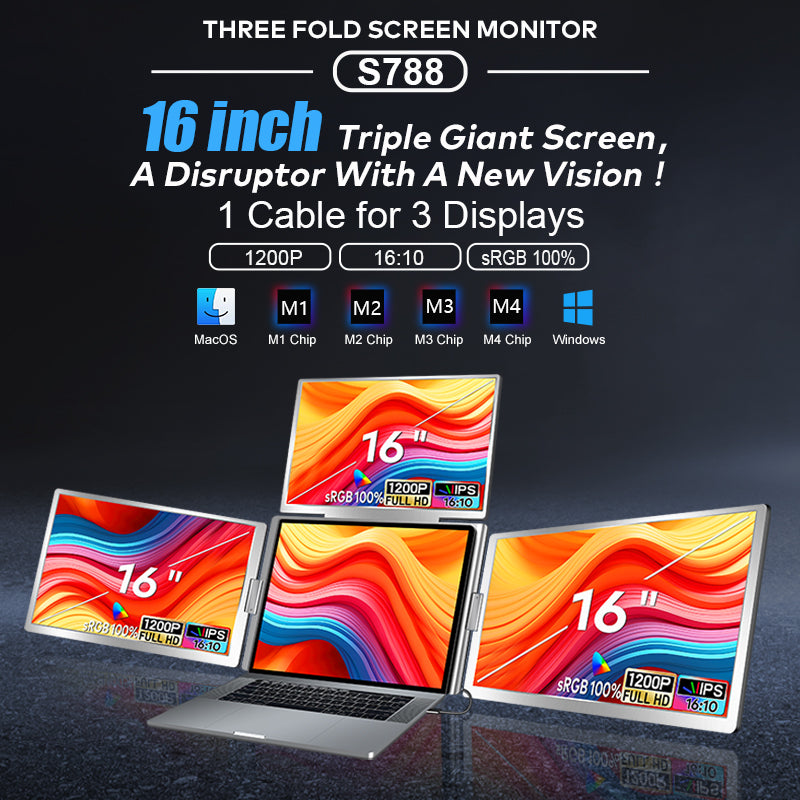 Trion 16" FHD Portable Monitor Quad Screen with One-Cable Triple Display Screen Extender for Laptops (Win10+, Mac M1/M2/M3) (AU Version) - Acceptable - Refurbished