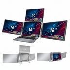 Product render of Trion 16" FHD Quad Screen against a gradient background highlighting “One‑Cable Triple Display” text.
